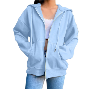 Sudadera con Capucha y Cierre de Cremallera para Mujer, Color Sólido, Manga Larga, 100% Algodón Felpa, Ropa Casual de Invierno/Otoño, Corte Regular, Sin Forro - Product Image 6