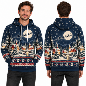 Men's Green Christmas Reindeer Print Hooded Sweatshirt Knitted Polyester Casual Winter Hoodie with Pocket Design Regular Fit - Product Image 6