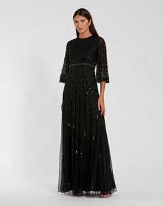 Vestido de Noche Elegante Negro de Satén con Cuentas, Manga 3/4, Cuello Redondo, Estilo Tubo, Largo hasta el Suelo, Corte Imperio, Antiarrugas, con Patrón Geométrico - Product Image 5