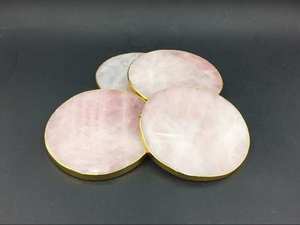Rose Quartz Round <b>Coaster</b> Set With Natural Crystal Slice Design and Gold Finish For Luxury Home Decor Coffee <b>Table</b> and Drink Use - Product Image 2