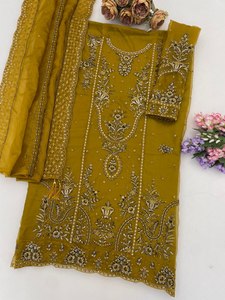 Ensemble en rayonne vert moutarde brodé pour femme avec dupatta, tenue traditionnelle indienne et pakistanaise, longueur cheville, pour mariage - Product Image 2