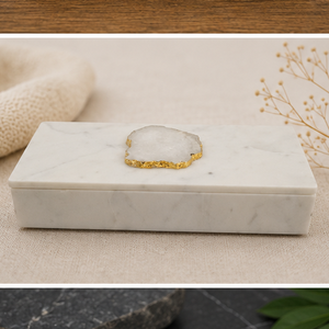 Plateau de rangement rectangulaire en marbre blanc avec incrustation d'agate à bords dorés, boîte décorative moderne pour table de salon - Product Image 4