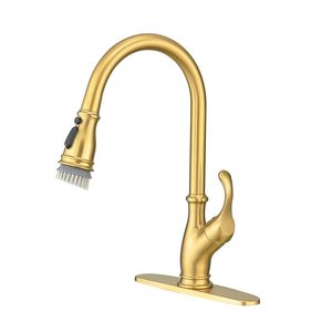 Robinet de cuisine monocommande à bec haut doré avec douchette extractible, finition or brossé, pour évier de cuisine à 1 trou - Product Image 3