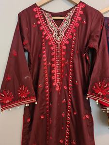 2021 Hot Selling Indian Pakistani Maroon Embroidered Shalwar Kameez Viscose Silk Rayon Lawn <b>Dress</b> - Product Image 3