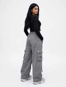 Pantalones Cargo Casuales Transpirables para Mujer, Cintura Alta, Color Gris, Pierna Ancha, Cordón Ajustable, Estilo Hip Hop Urbano con Bolsillos - Product Image 2