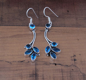 Boucles d'oreilles pendantes vintage en argent sterling 925 avec topaze bleue, pierre précieuse naturelle, style antique, luxe, mariage, bijoux fins, vente en gros - Product Image 2
