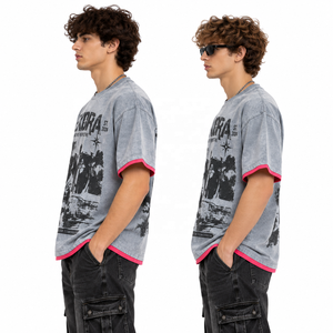 T-shirt en coton délavé surdimensionné pour homme Nexora, manches courtes, col rond, style streetwear, imprimé, bordure contrastée, jersey tricoté - Product Image 4