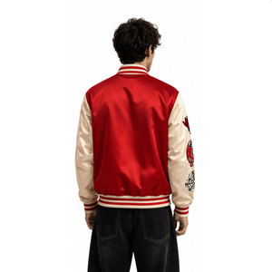 Veste universitaire rouge et crème pour homme avec motifs de patchs en forme de cœur, col rabattu, vêtement décontracté pour l'automne - Product Image 5