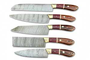 Juego de 5 utensilios de cocina de acero de Damasco hechos a mano con mango de palisandro natural y bolster de latón - Product Image 2