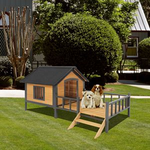 Grande canile esterno in legno con struttura in ferro con portico stile casa-mobili da campeggio per animali domestici - Product Image 1