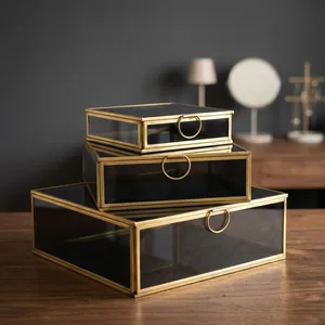 Black <b>Glass</b> <b>Jewelry</b> <b>Box</b> with Brass Frame Storage Organizer for Rings Necklaces Accessories Cosmetic Vanity - Product Image 4