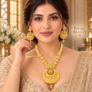 Conjunto de Collar y Pendientes de Cobre y Latón Majestic, Baño de Oro 24K, Colgante Redondo, Joyería Nupcial India, Regalos para Mujer - Product Image 3