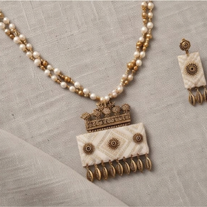 Traditional Muga Silk <b>Pearl</b> Necklace <b>Set</b> with Statement Pendant and Matching Earrings | Handcrafted Indian Ethnic Jewellery - Product Image 5