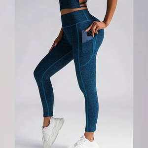 Mid Waist Blue <b>Leggings</b> <b>Pockets</b> Ankle-Length Vintage Sporty Stretch Breathable Quick Dry Compression Tummy Control Seamless - Product Image 3