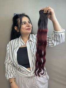 Premium <b>Burgundy</b> Indian Hair Wavy Wefts 100% Remy Human Hair Soft Voluminous Natural Waves Long-Lasting Tangle-Free Men's - Product Image 2