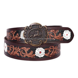 Unisex Genuine Leather Western Brown Embossed Floral <b>Belt</b> Waist <b>Accessory</b> Antique Buckle Tooled Leather <b>Belt</b> - Product Image 1