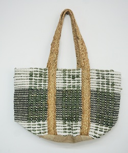 Sac fourre-tout bohème en jute tissé pour femme, sac à bandoulière écologique à ouverture supérieure, usage quotidien toutes saisons, motif vert et blanc - Product Image 1