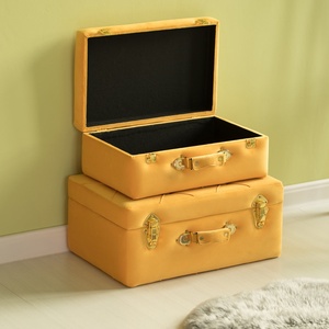 Wholesale Ochre Velvet Upholstered Decor Trunk Set Leatherette Handle <b>Blanket</b> Storage <b>Box</b> - Product Image 2