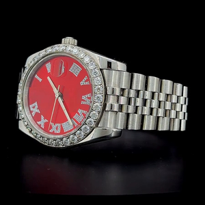 Reloj clásico con esfera roja, bisel de moissanita blanca completa, esfera redonda, con probador de diamantes de 4 quilates, reloj automático premium aprobado. - Product Image 1