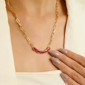 18K Solid Gold Ruby <b>Statement</b> <b>Necklace</b> with Diamond Accents Rose Gold Plated Link Chain - Product Image 4