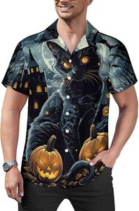 Camisa Hawaiana para Hombre, Estampado de Gato Negro y Calabaza de Halloween, Manga Corta, Cuello Camisero, Estilo Veraniego - Product Image 4
