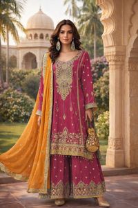 Traje Salwar de Chinnon Pesado Estilo Pakistaní con Palazzo y Dupatta, Conjunto Bordado para Fiestas, Vestido Étnico Tradicional para Mujer - Product Image 5