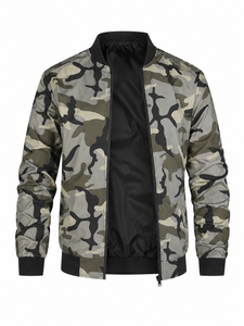 Chaqueta Bomber Sólida de Manga Larga con Cierre de Cremallera, Cuello Alto, Tejido de Poliéster, Resistente al Viento, Impermeable, Ligera, Acabado Sedoso - Product Image 4