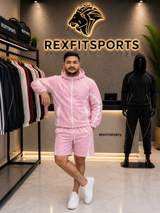 REXFIT SPORTS 2026 Custom <b>Women</b> Pink Nylon Tracksuit Set Hooded Windbreaker Jacket and <b>Long</b> <b>Shorts</b> Private Label Sportswear - Product Image 6