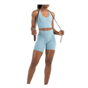 Women's Light <b>Blue</b> Sports <b>Bra</b> Set Knitted Spandex Nylon Breathable Sporty Top Shorts Solid Color Spring Summer Workout Wear - Product Image 4