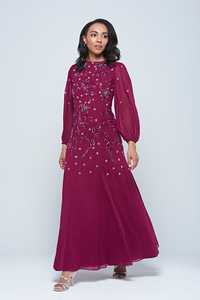 Robe de soirée longue en mousseline de soie bordeaux perlée, coupe trapèze, col rond, manches bouffantes, anti-plis, élégante - Product Image 5