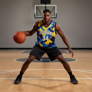 Maillot de basketball personnalisé sublimé pour homme, col en V, sans manches, imprimé géométrique jaune et bleu, respirant, coupe athlétique - Product Image 1