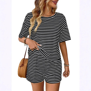 Women's Summer New <b>Knitted</b> Round Neck Short Sleeved Shorts Striped <b>Set</b> Fashionable Casual Short Sleeved Shorts Sports <b>Set</b> - Product Image 3
