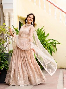 Peach Georgette <b>Lehenga</b> Choli Real Mirror Work Embroidered <b>Lehenga</b> Choli - Product Image 3