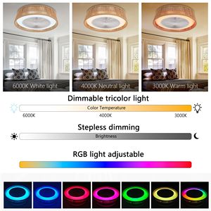 Ventilatore da soffitto LED moderno rustico da 21 pollici con luce RGB, illuminazione d'atmosfera, silenzioso, semi-incasso per camera da letto e soggiorno, design a corda intrecciata - Product Image 5