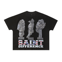T-shirt noir oversize Saint à manches courtes, col rond, imprimé photo sur le devant, streetwear pour homme, jersey en coton, coupe courte