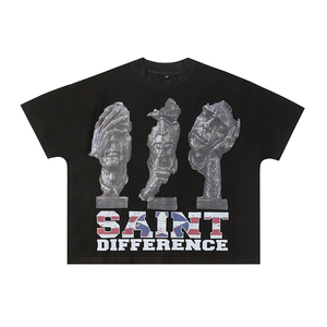 Saint Oversized Black T-<b>Shirt</b> Short Sleeve O-Neck <b>Photo</b> Print Front Design Men's Streetwear Jersey Knitted Cotton Crop Fit - Product Image 4