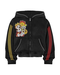 Sudadera con capucha personalizada con cremallera, estampado gráfico, ribete de pedrería, rayas en contraste en las mangas y efecto desgastado, unisex. - Product Image 1