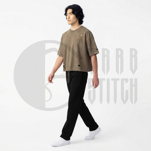 Camiseta Corta Oversize para Hombre, Estilo Desgastado, Color Sólido, Cuello Redondo, Manga Corta, Estilo Urbano, 100% Algodón Jersey, Aspecto Lavado - Product Image 2