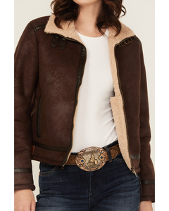 Womens Genuine Sheep <b>Leather</b> Aviator <b>Jacket</b> Brown Faux Fur Lined Real <b>Leather</b> Shearling B3 Bomber <b>Winter</b> Coat Wholesale OEM USA - Product Image 4