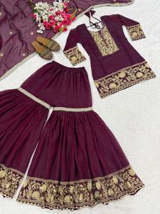 Ensemble de robes de mariée élégantes et fantaisistes pour soirée, chemise à manches longues en strass vintage de luxe 2025, dupatta et sharara - Product Image 2