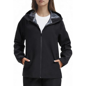 Women's <b>Black</b> Hooded Windproof Zipper Jacket Full Sleeve Solid Color Polyester Outdoor Casual Wear - Product Image 3