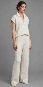 <b>Womens</b> Lightweight 2 in 1 Ribbed Knit Zip Polo Tracksuit Set Short Sleeve Top Wide Leg <b>Pants</b> <b>Lounge</b> Outfit - Product Image 4