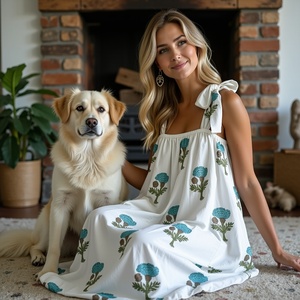 Maxi vestido bohemio blanco sin mangas con vides de menta azul y pajaritas al hombro forro informal - Product Image 1