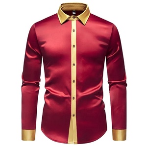 Chemise habillée noire en satin pour homme avec col et poignets dorés, manches longues, formelle, anti-plis, col rabattu - Product Image 6