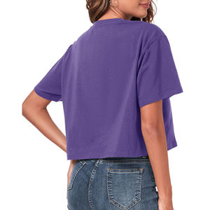 Camiseta Corta Morada para Mujer, Cuello Redondo, Corte Holgado, Informal, Color Sólido, Tejido de Punto, Algodón Jersey, para Primavera/Verano - Product Image 5