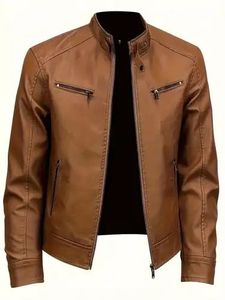 <b>Men's</b> <b>Brown</b> Genuine <b>Leather</b> Breathable Windproof Moto <b>Jacket</b> Stand Collar Zipper Closure Slim Fit Regular Length Winter Wear - Product Image 1