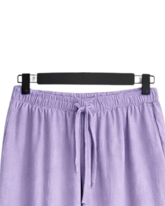 Conjunto de dos piezas de lino color lavanda para mujer, camisa de manga larga con botones y pantalones anchos de cintura elástica, atuendo informal. - Product Image 6