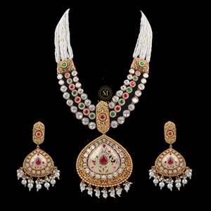 Antique Gold Plated <b>Pearl</b> Meenakari Long Necklace <b>Set</b> with Zirconia Earrings for Festivals - Product Image 1