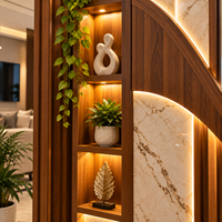 Paravent de séparation de pièce moderne, écran décoratif en bois, finition marbre, éclairage LED rétroéclairé, étagères, niches, lattes verticales