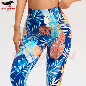 High Waisted Full Length Leggings With Tropical Leaf Print Stretchy Breathable Sporty Women's Workout Pants - Product Image 5